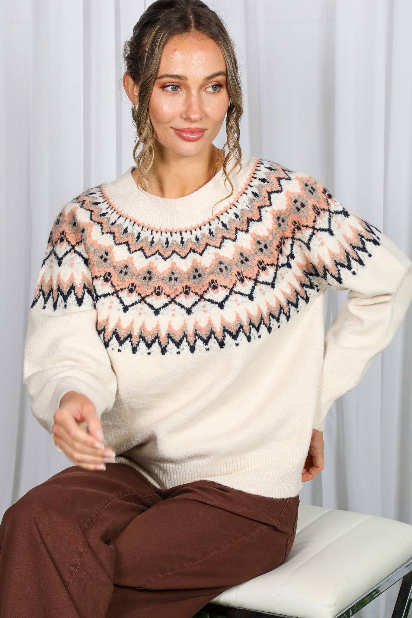 Cream Multi Fair Isle Embellished Pullover Knitted Sweater VT82602 for wholesale on Faire9