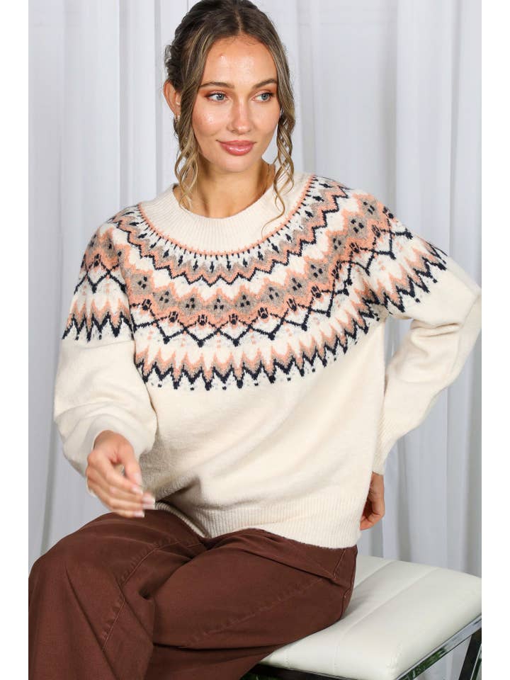 Cream Multi Fair Isle Embellished Pullover Knitted Sweater VT82602 for wholesale on Faire9