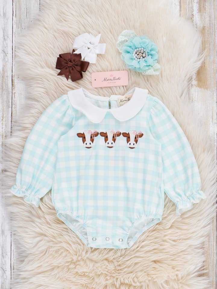 Marie Nicole Clothing - Wholesale Bodysuit (Non-Footed) - Baby - Happy Moo Days Plaid Ruffle Romper