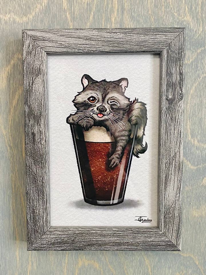 Raccoon Root Beer, Drinking Buddy, Art Print for wholesale by Guerdrum Art