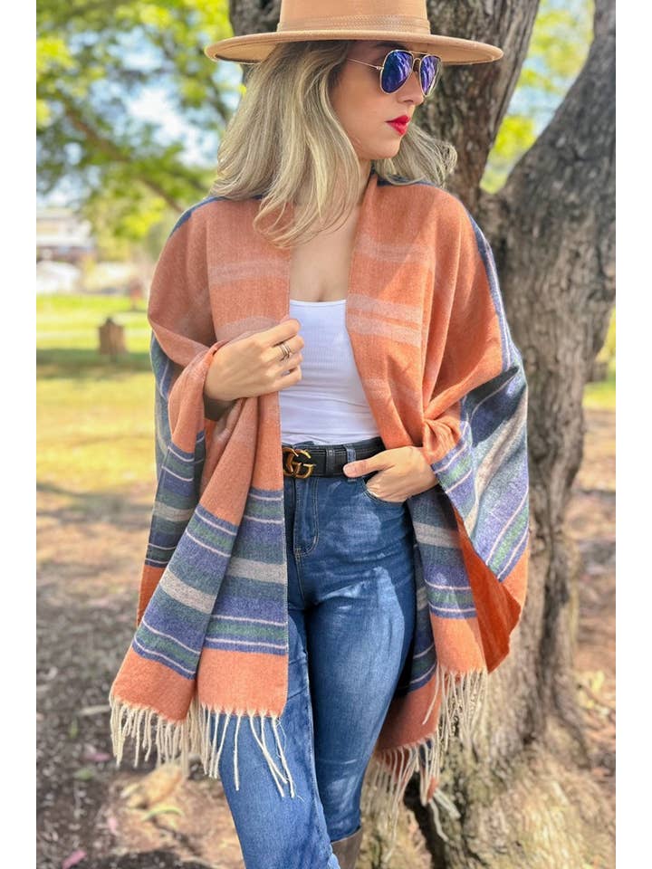 Rost Rostrandig tryckt mysig Ruana sjalkofta med tofs för wholesale på Faire3