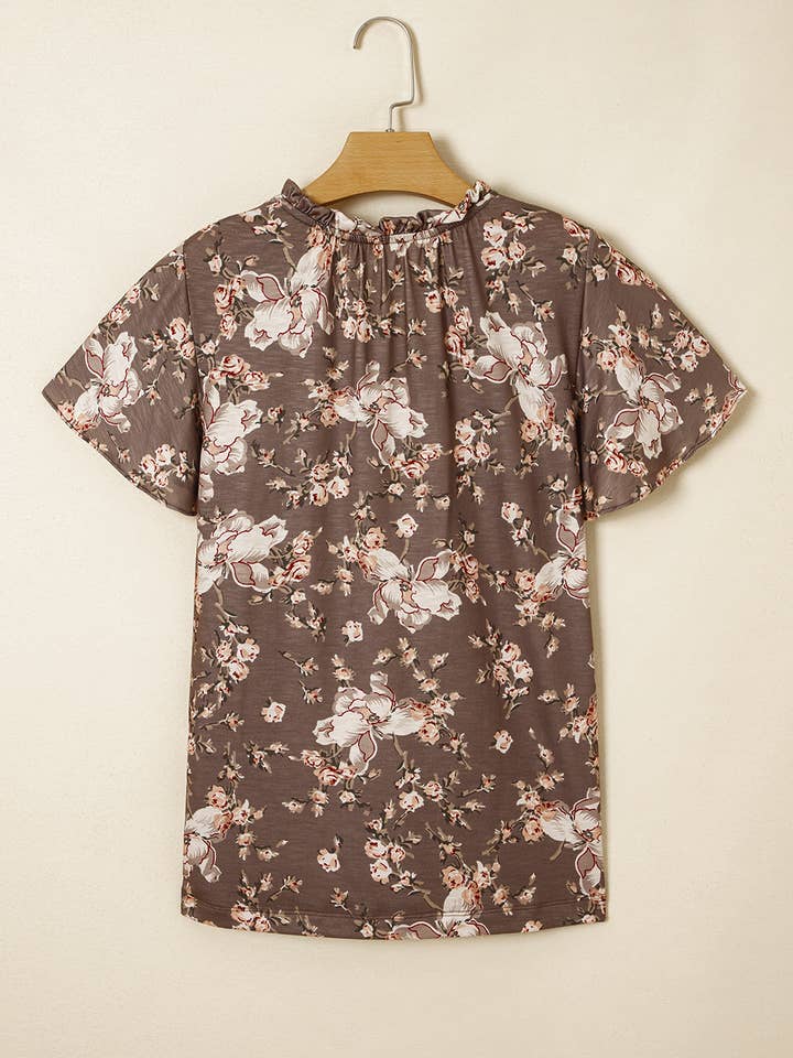 Khaki Retro Floral Print Tassel Tie Split Neck Short Sleeve Blouse for wholesale on Faire