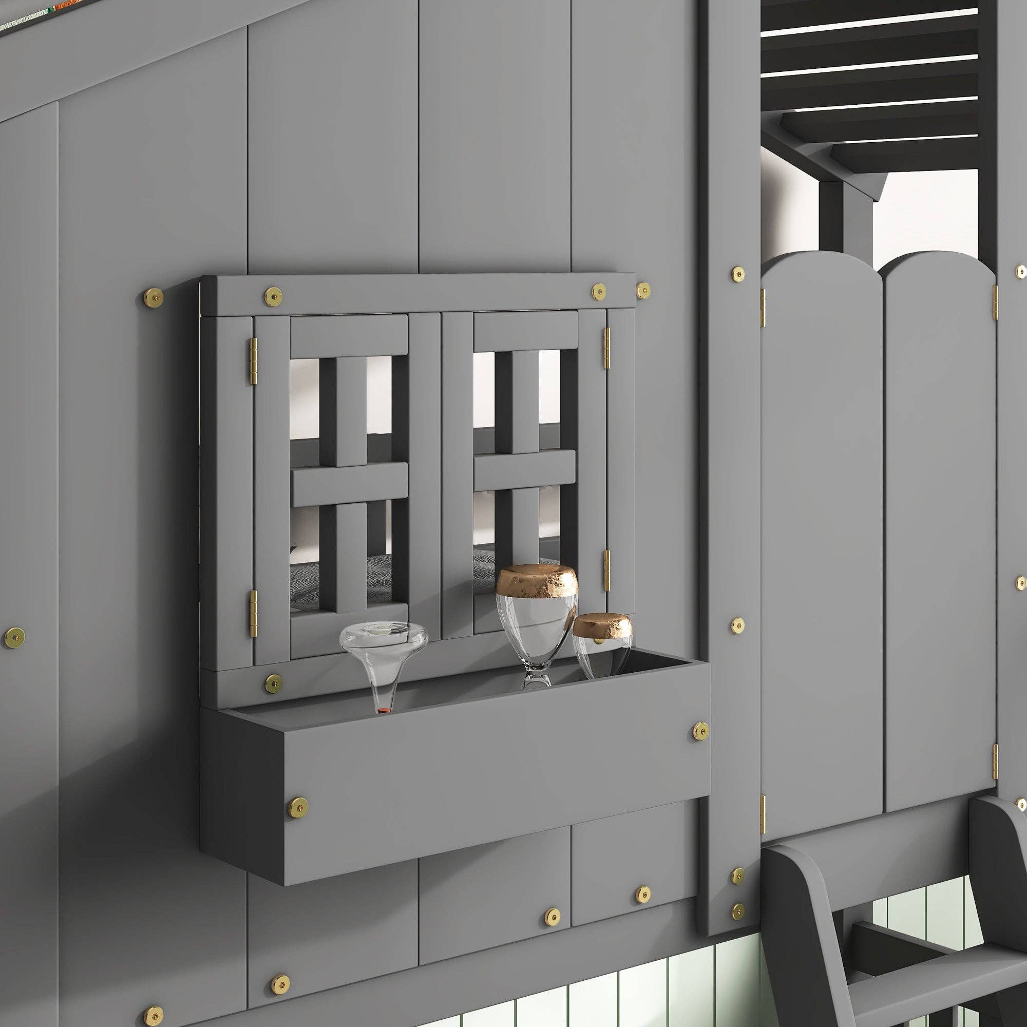 39F Inc. - Wholesale Bed - Kids & Baby - Grey Twin over Twin House Bunk Bed with Roof, Guardrails 6