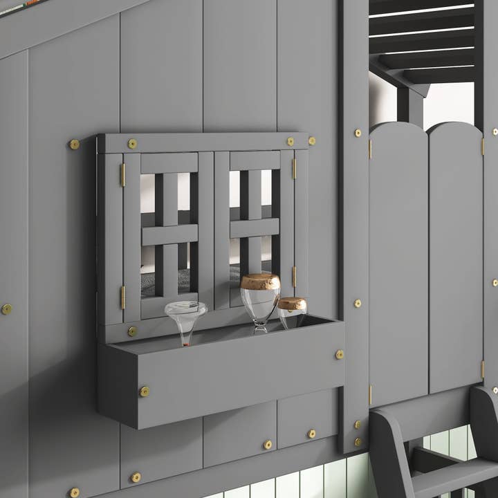 39F Inc. - Wholesale Bed - Kids & Baby - Grey Twin over Twin House Bunk Bed with Roof, Guardrails 6