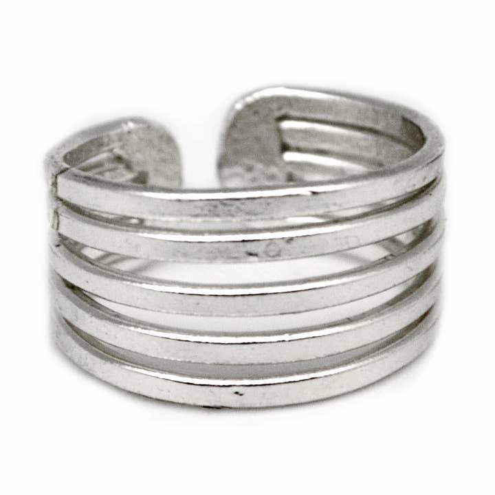 Silver Plated Adjustable Ring - Five Thick Bands for wholesale by Anju Jewelry