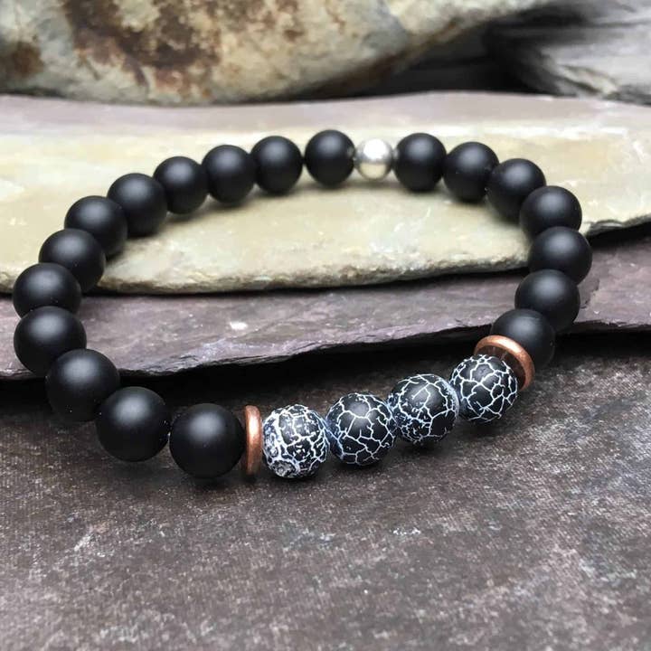 SoeL Beads - Venta al por mayor Pulsera de cuentas - Pulsera de cuentas de ónix con ágata fósil de viento negro