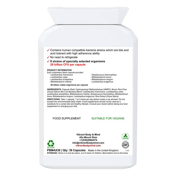 Vibrant Body Mind - Vendita all'ingrosso Vitamine/integratori orali - Formula psicobiotica: probiotico vegano per la salute mentale