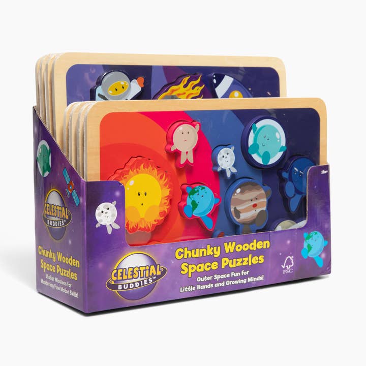 NOUVEAU ! Présentoir de 8 puzzles en bois Chunky Space - 4 de chaque style pour la vente par Celestial Buddies