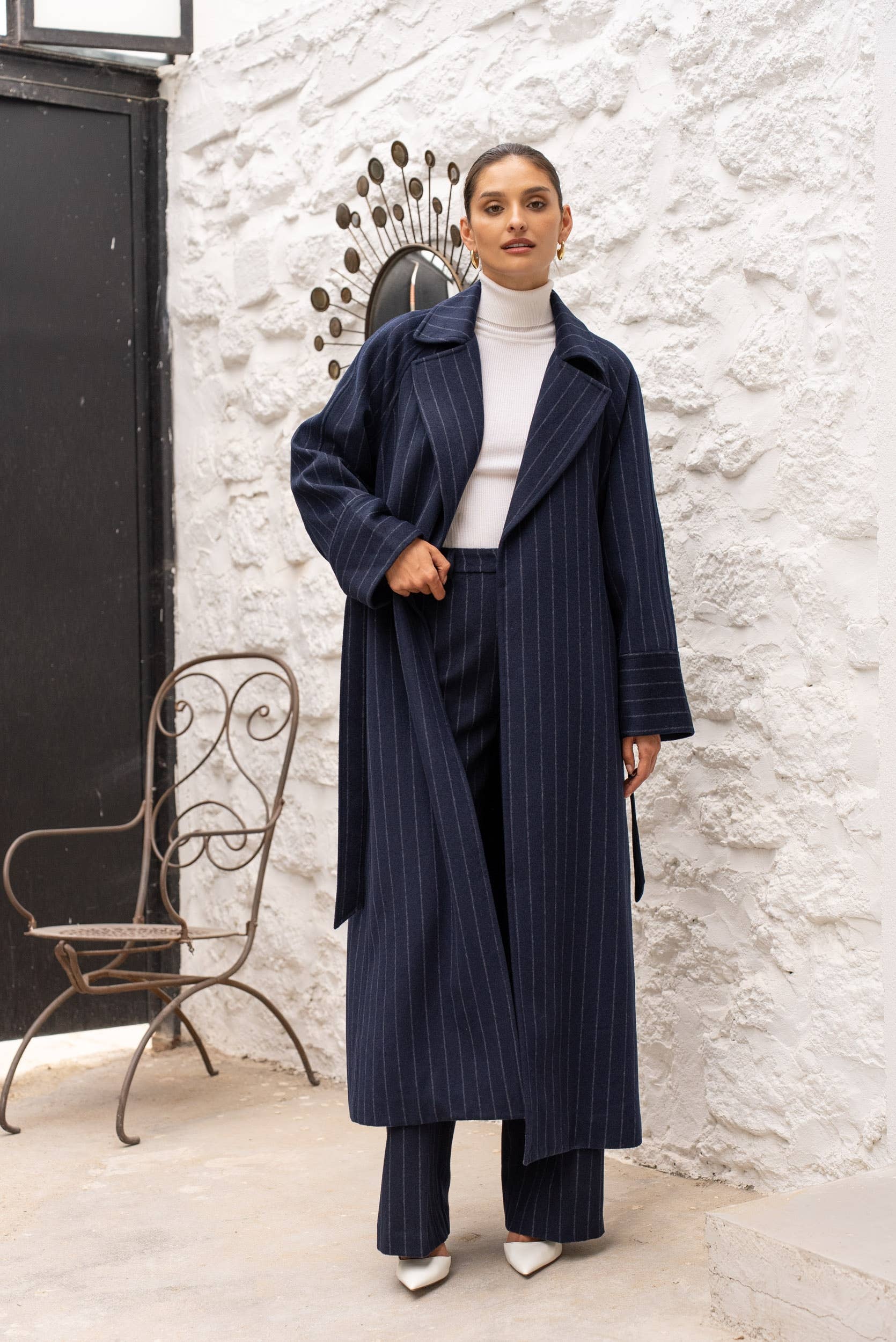 Attentif Paris - Wholesale Coat - Women's - Long coat in fine striped wool blend1