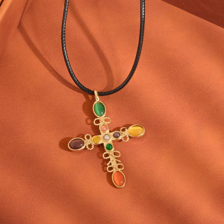 Chase 18K Gold Non-Tarnish Multi Stone Cross Necklace for wholesale on Faire1