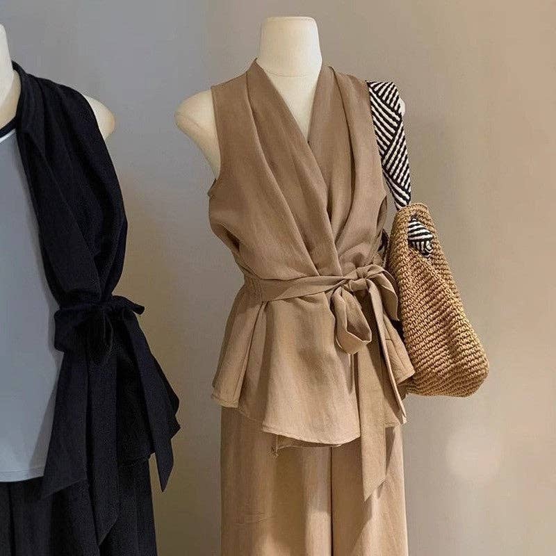 UZ Wholesale Store - Wholesale Top & Pant Set (NOT Loungewear) - Women's - V-Neck Sleeveless Tie-Waist Crop Top Wide Leg Pants Set0