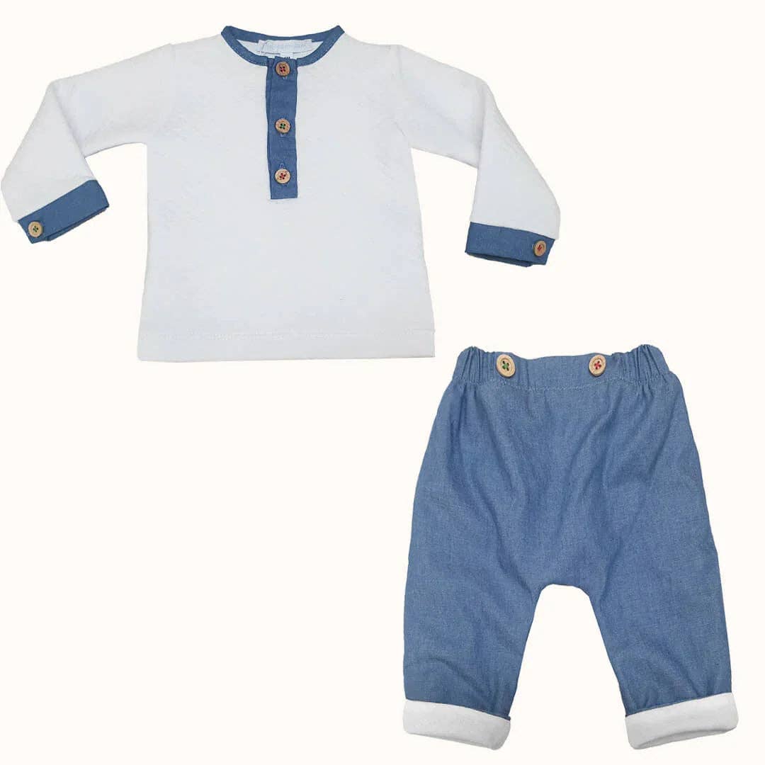 Pim-Pam-Pum - Wholesale Top & Pant Set - Baby - 2-Piece White/Blue Denim Outfit2