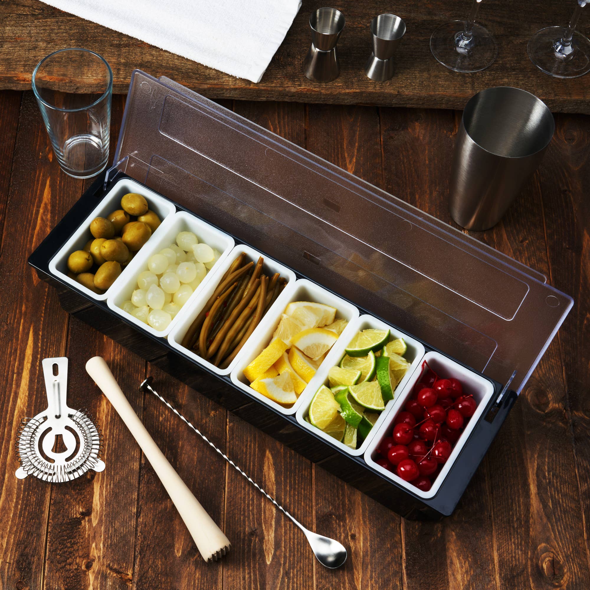 TRUE - Wholesale Bar Tool - 6 Removable Insert Garnish Caddy w Ice Space and Clear Lid2