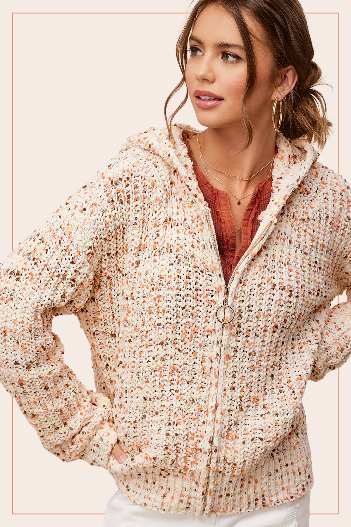 La Miel - Wholesale Hoodie - Women's - JCS3569-Multi Color Confetti Zip-Up Hoodie Sweater3