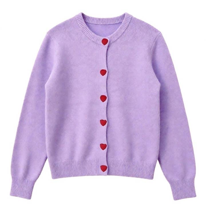 Cardigan à boutons en forme de cœur en violet et rouge pour la vente par Last True Angel