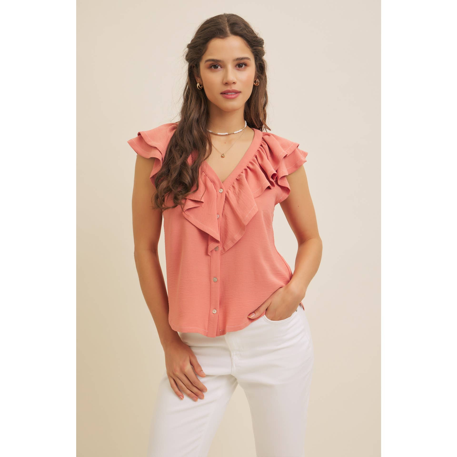 in february - Wholesale Blouse - Women's - RUFFLE BLOUSE TOP WITH BUTTON-DOWN FRONT AND CONTRAST STITCH3