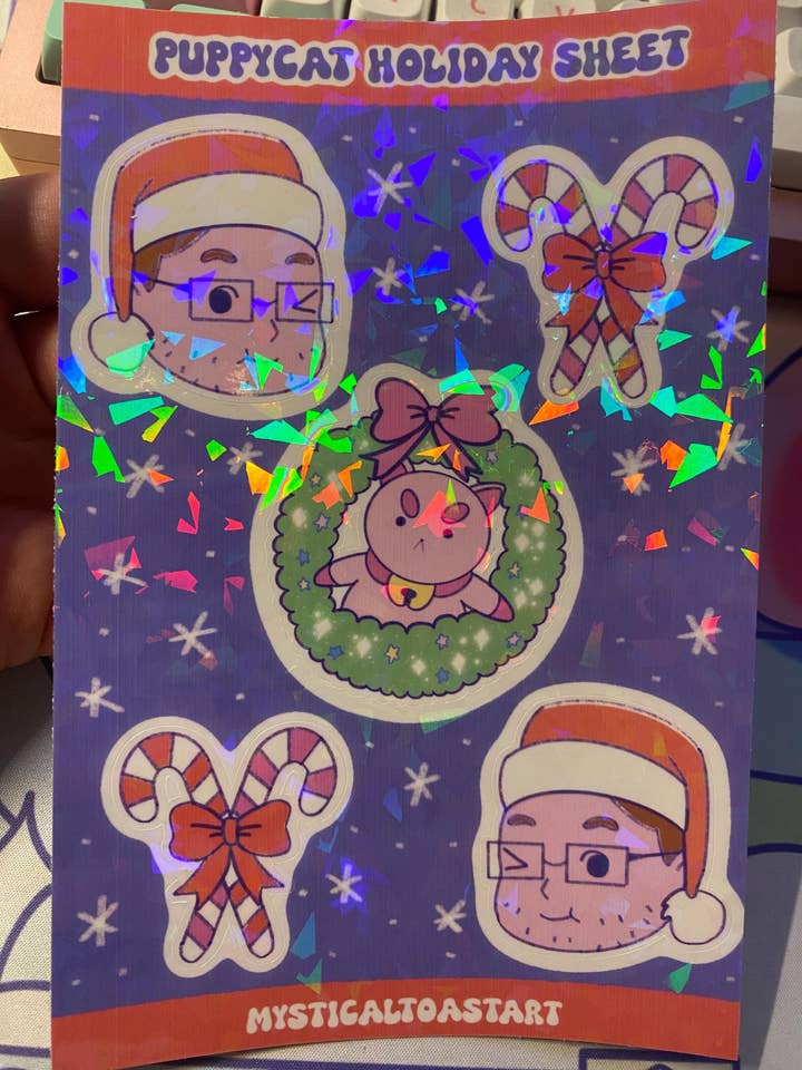 Puppycat & Pretty Patrick Xmas Sticker Sheet for wholesale by MysticalToastArt
