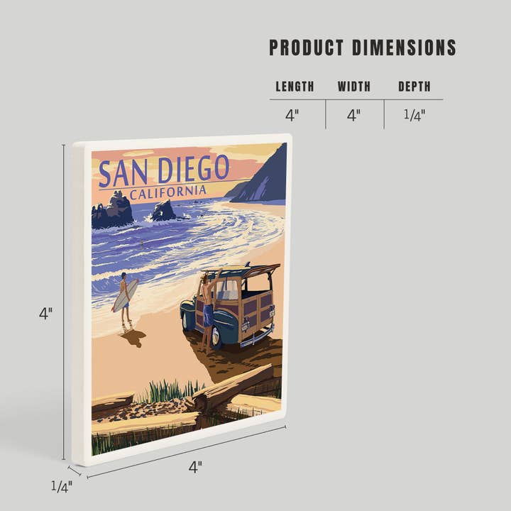 Lantern Press - Wholesale Coasters - CERAMIC COASTER San Diego, California, Woody on Beach 24