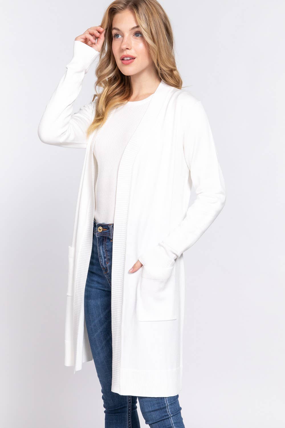 Active Basic | Active USA - Vendita all'ingrosso Cardigan - Donna - Cardigan tunica aperto a costine con maniche lunghe e banda4