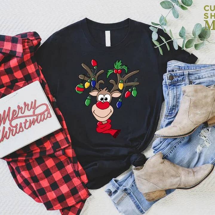 Black Christmas Reindeer Shirt,Christmas Lights Tee, Christmas Rei for wholesale on Faire
