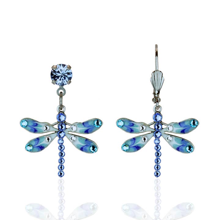 Turquoise Blue and White Enamel Crystal Dragonfly Earrings for wholesale by Anne Koplik Designs, Inc.
