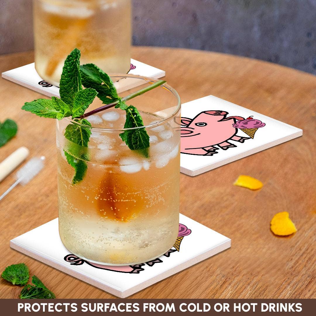 3dRose - Wholesale Coasters - 3dRose, Funny Cool Pink Pig eating ice Cream Cone Cartoon, Coaster2