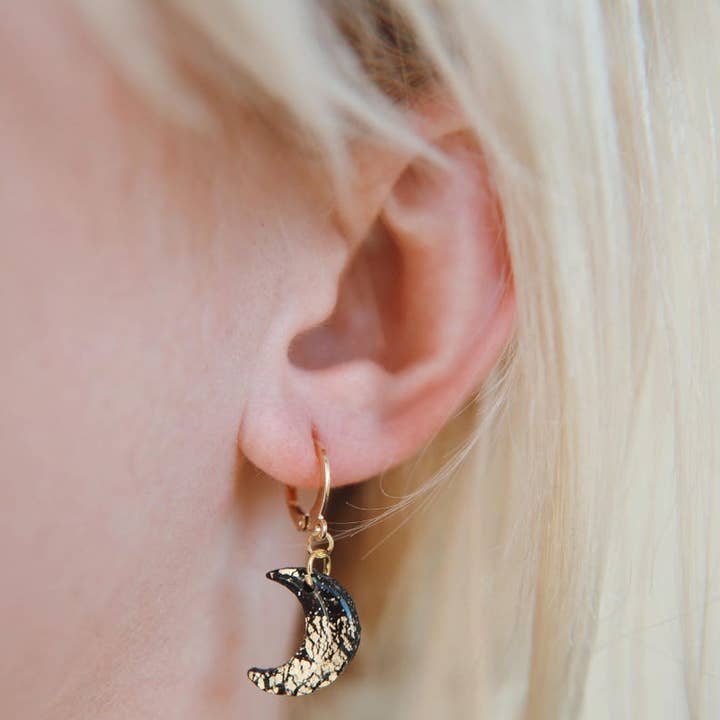 Gold Foil & Black Crescent Moon Polymer Clay Hoop Earrings for wholesale by bohemians closet