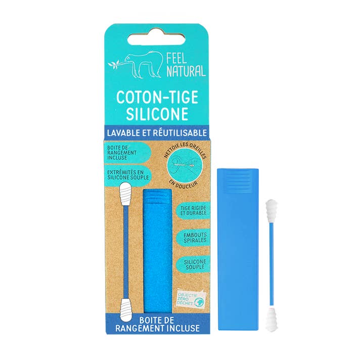 Washable and reusable silicone cotton swab + blue box for wholesale by FRENCH TENDANCE