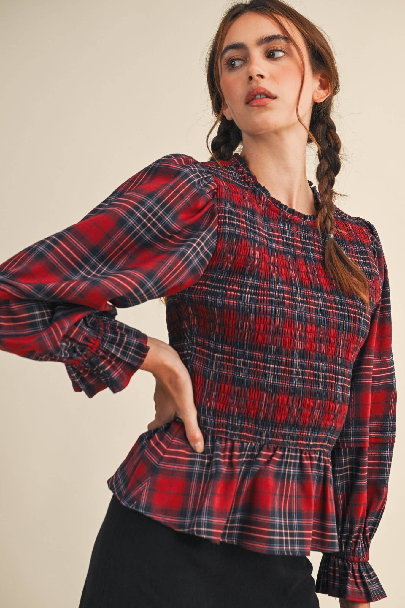 SMOCKED PLAID PUFF SLEEVE PEPLUM TOP MTP4192 for wholesale on Faire8