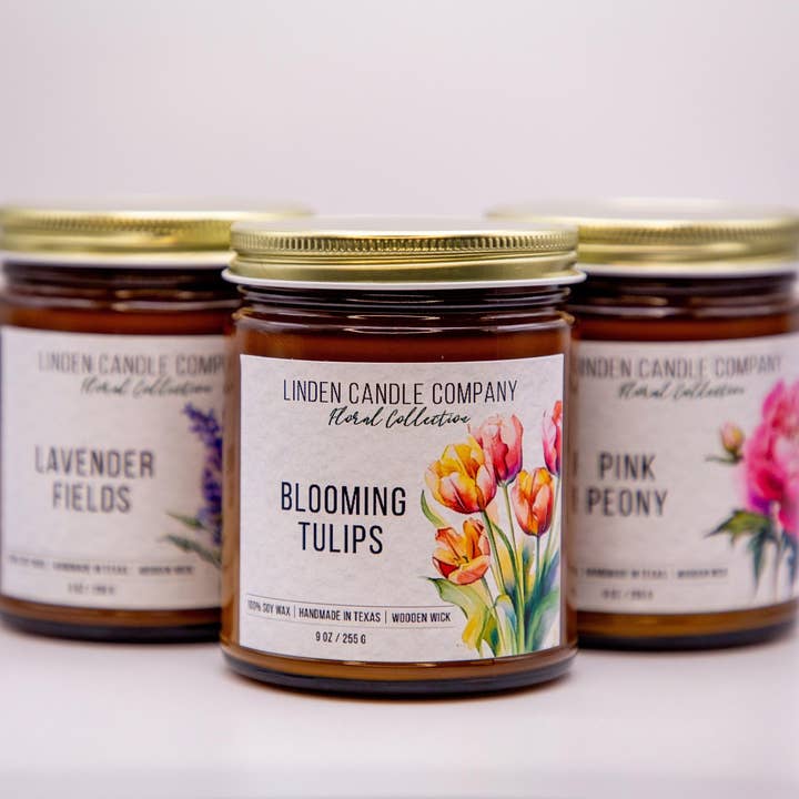 Linden Candle Company – wholesale Jar/filled candle – Pink Peony Organic 9oz Soy Candle in Amber jar