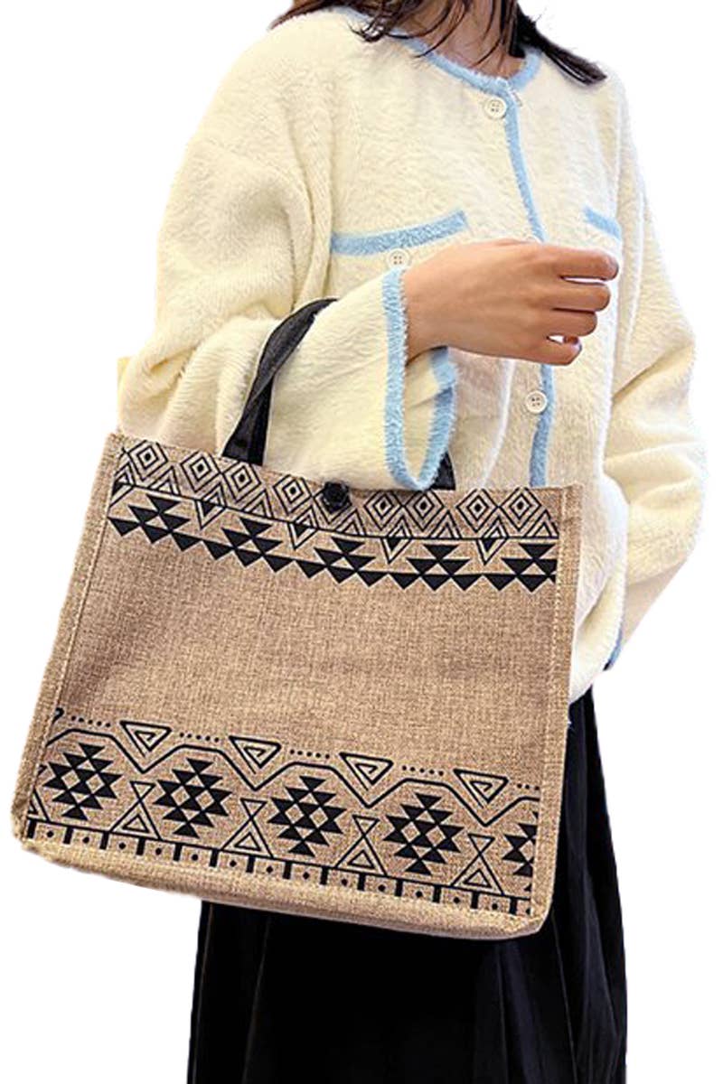Cap Zone - Wholesale Beach Bag - Boho Tribal Print Burlap Box Tote Beach Bag1