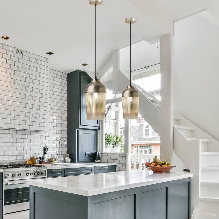 6.8''W 1-Light Andrea Metal and Glass Hanging Pendant Light for wholesale by River of Goods