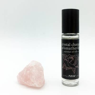 rose/rose quartz crystal charged essential oil roll-on for wholesale by RAW SPIRIT NYC
