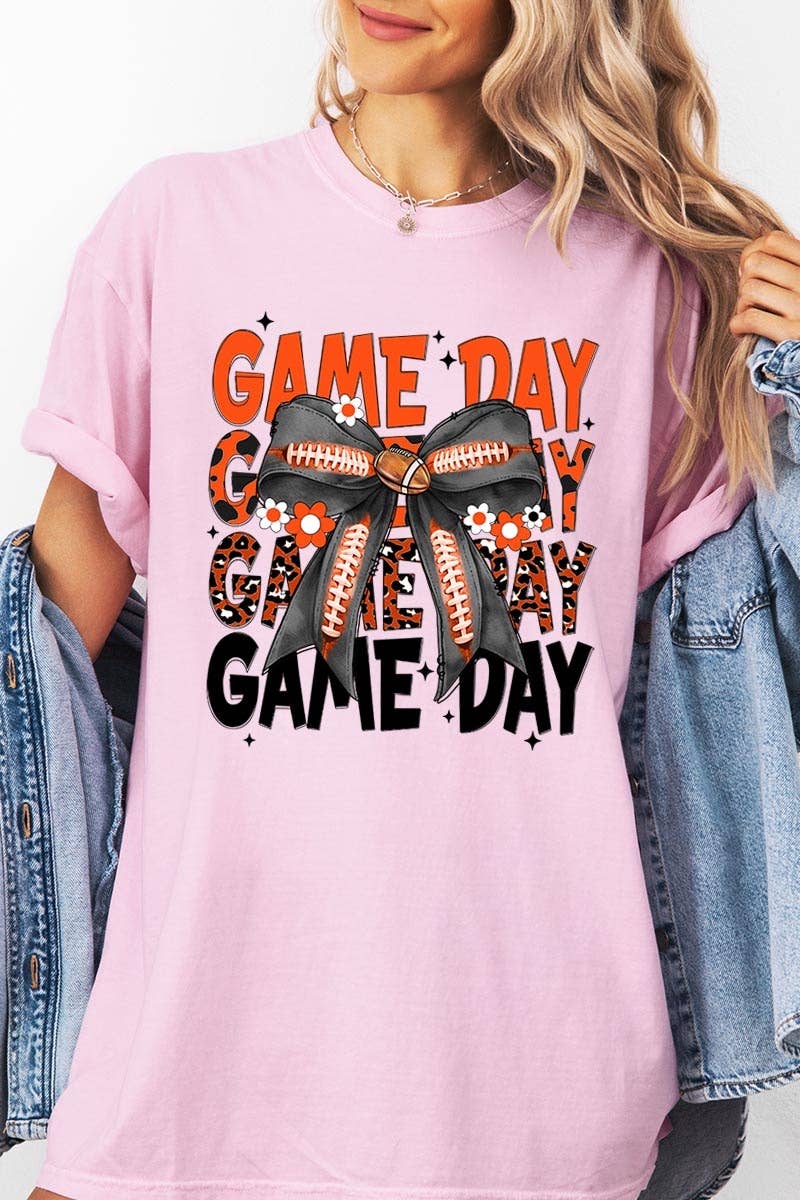 Pink Irene Wholesale – wholesale Tröjor – Dam – Orange Black Football GameDay Bow Plaggfärgad T-shirt2