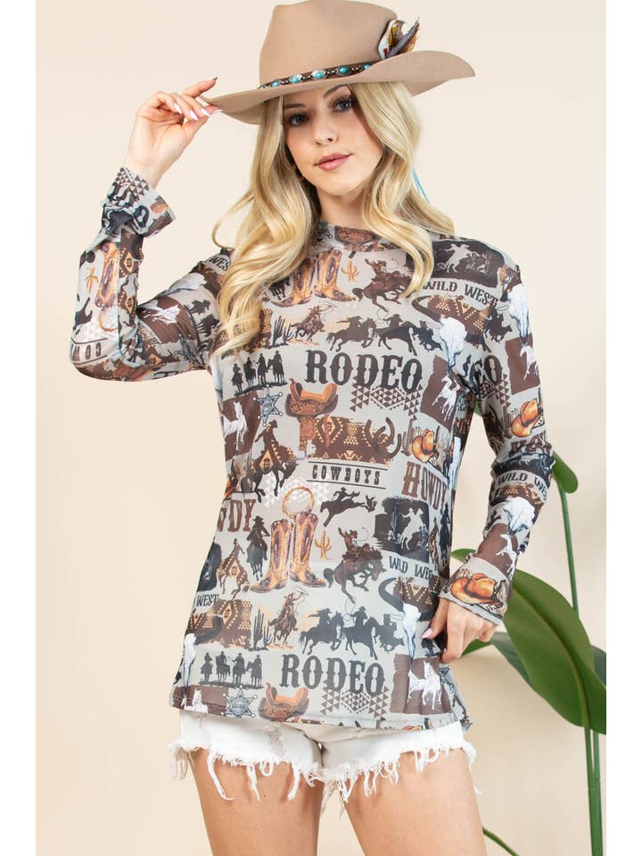 Light Grey Brown AV1230-AUBREY WESTERN RODEO SEMI SHEER MESH TOP for wholesale on Faire7