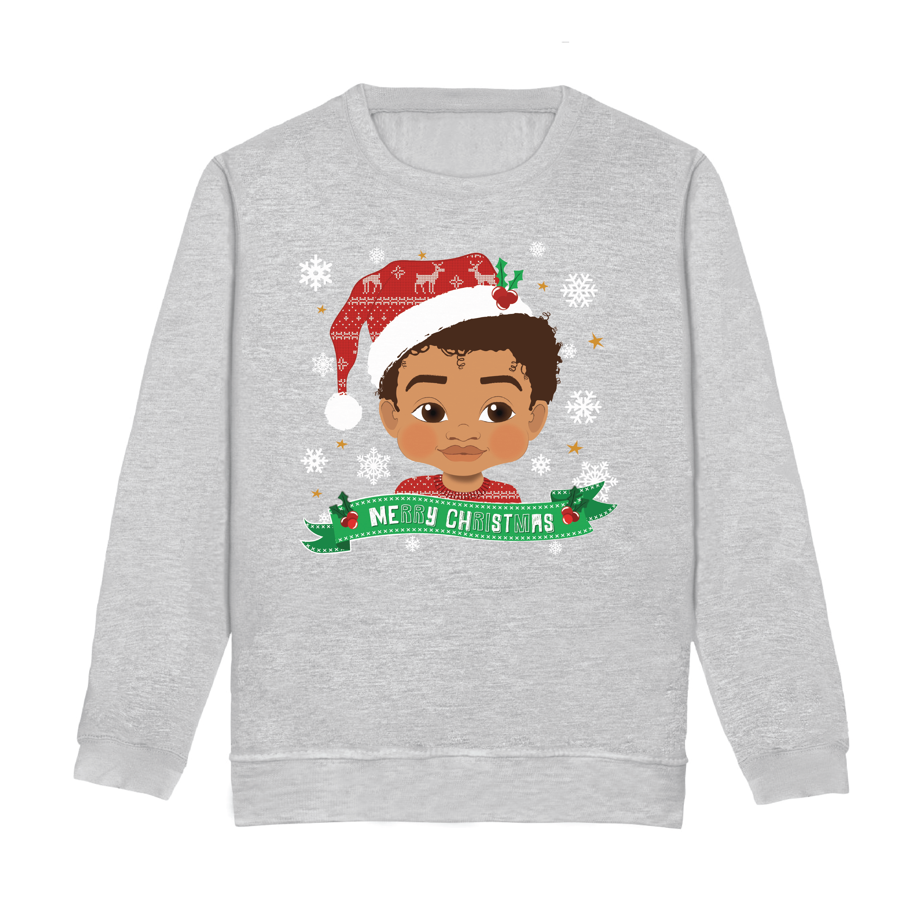 Fefus Designs - Wholesale Sweatshirt - Kids - Mixed Race Boy Santa Hat Christmas Sweatshirt – Holiday Jumper | Fefus Designs0