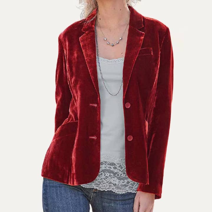 The Moment Collection - Wholesale Blazer - Women's - Classic Solid Velvet Collared Neck Long Sleeve Button Blazer