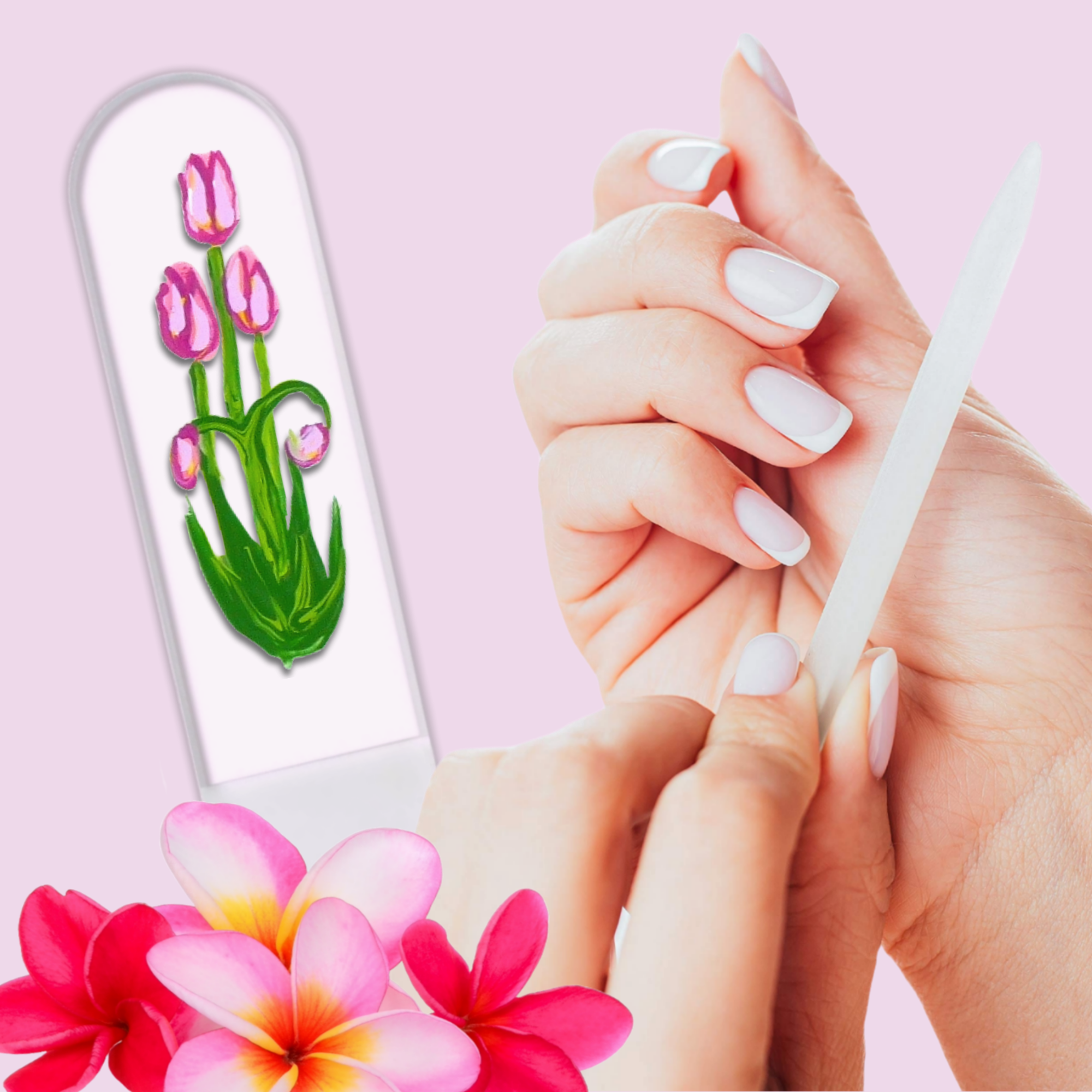 Classy Nail Files – wholesale Nail file – Pink Tulips Spring Flowers Hand Painted Crystal Nail File9