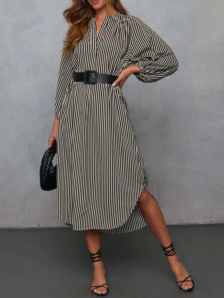 Stylish striped belt long-sleeved midi dress for wholesale by Rosa Clothing