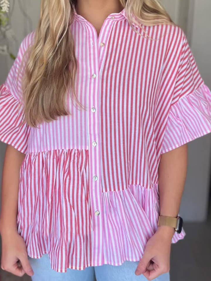 Stripe Striped Patchwork Ruffled Hem Button up Shirt for wholesale by Umorger