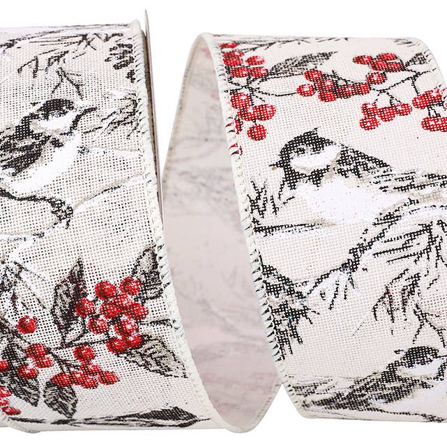 RELIANT RIBBON - Wholesale Ribbon - Gift Wrapping - Winter Bird And Holly Muslin Wired Edge, Ivory, 2-1/2 In