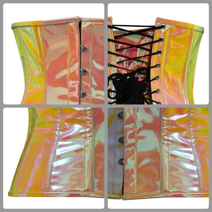 Attire Fashion Club - Wholesale Corset - Women's - Steel Boned Holographic Under bust Corset in Yellow/Pink