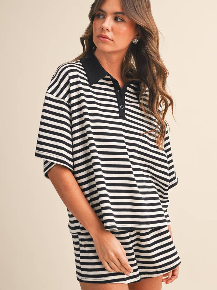 IST6459 STRIPED COLLARED SHORT SLEEVE TOP AND SHORTS SET for wholesale by Klesis