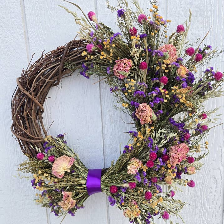 Wreath: Pinks and Blues for wholesale by Alissas Flower Farm