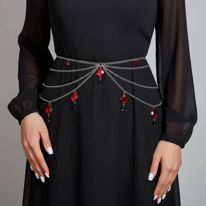 Cinturón de cadena de múltiples capas con dijes de cristal en forma de lágrima y drapeado para venta al por mayor de AK Brand