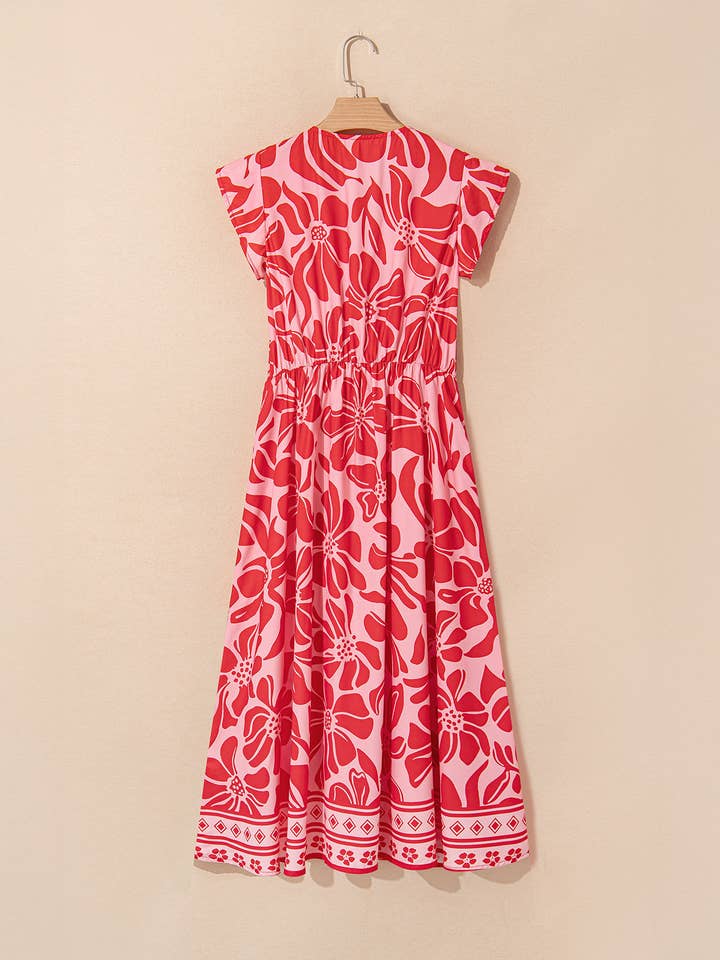 Red Boho Floral V Neck Buttoned Shirred Waist Dress for wholesale on Faire1