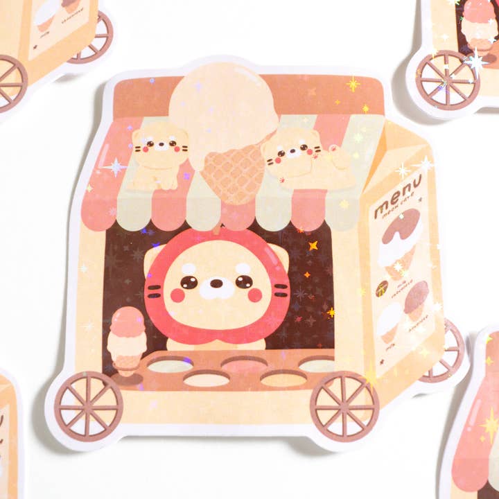 Yellow Cat Ice-cream Truck Holo Vinyl Sticker for wholesale by Notmehmehstudio