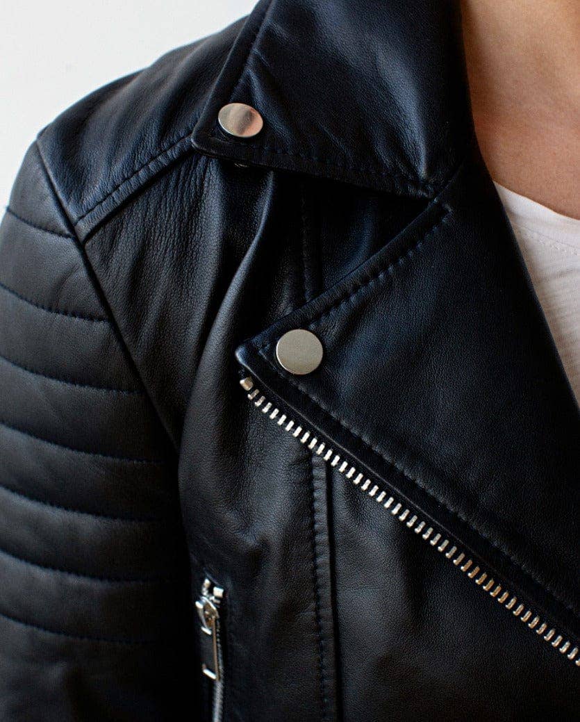 Cecilia | Black and Red Women's Leather Motorcycle Jacket for wholesale on Faire6