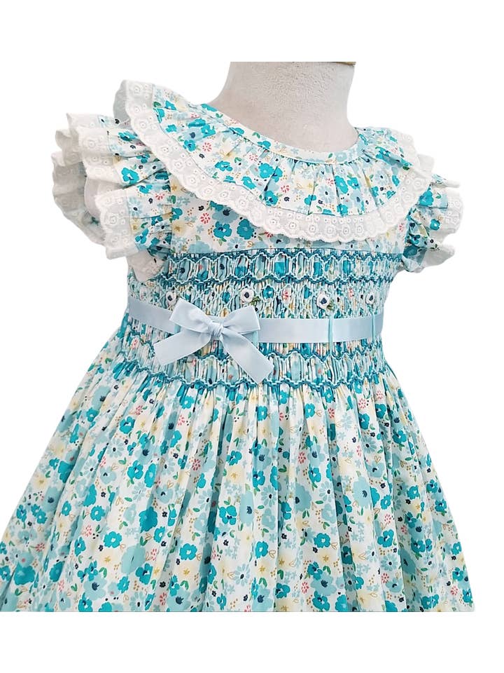 PHLONA - Wholesale Dress - Kids - Blue Floral Smocked Little Girl Dress