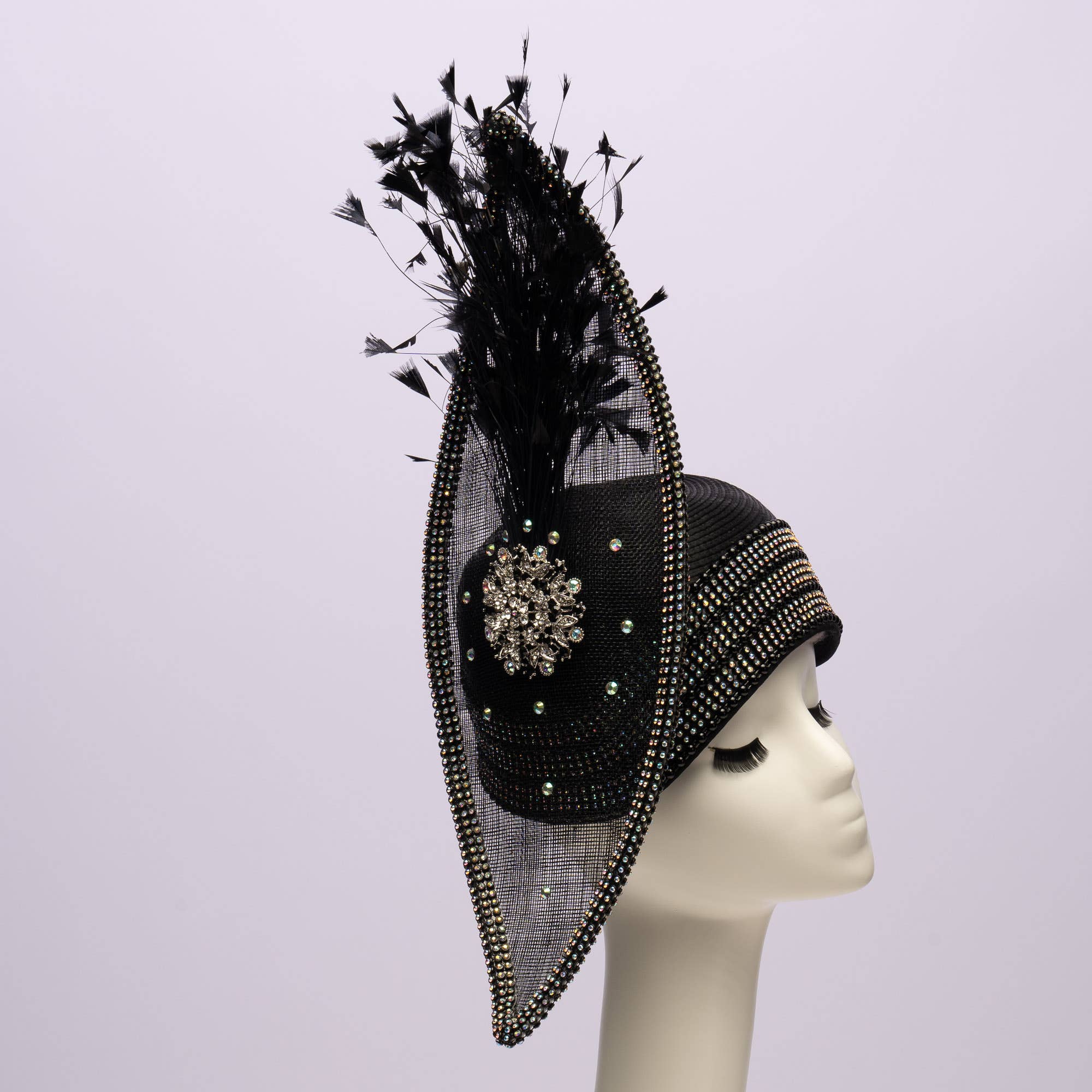 KaKyCo - Wholesale Fascinator Hat - Women's - Stone bending satin cloche with brooch and feather | AJ779Y0